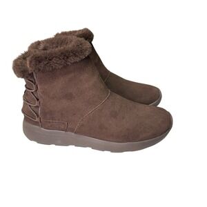 Skechers On The Go Flat Ankle Boots Sz 9.5 Brown Suede Leather Faux Fur Comfort